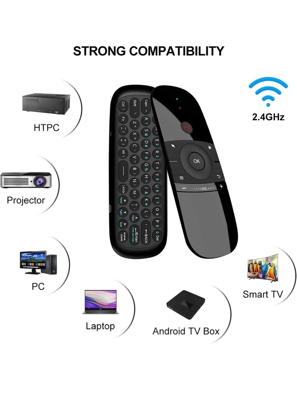 Wireless 2.4GHz Air Mouse Remote with Backlit QWERTY Keyboard - Black